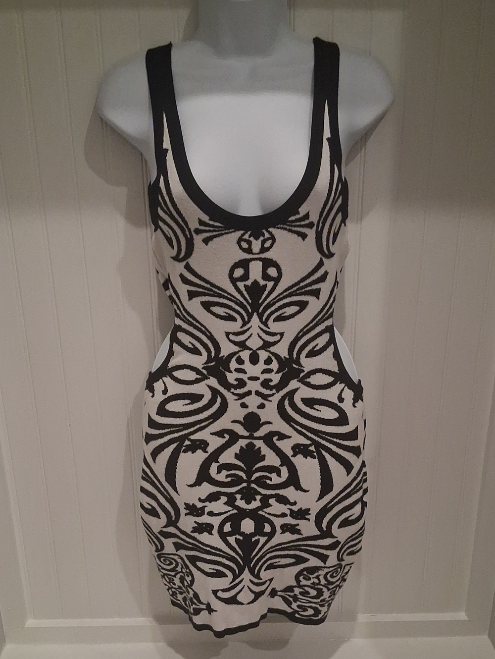 Bebe Black and Cream Patterned Cutout Bodycon Dress